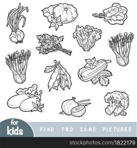Find two the same pictures, education game for children. Black and white set of vegetables