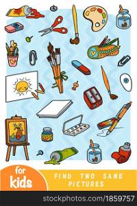 Find two the same pictures, education game for children. Color set of artists objects