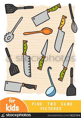 Find two the same pictures, education game for children. Color set of kitchen utensils