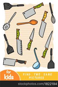 Find two the same pictures, education game for children. Color set of kitchen utensils
