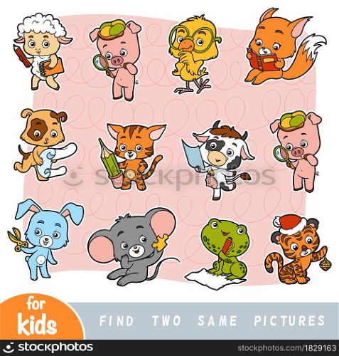 Find two the same pictures, education game for children. Colorful set of cartoon cute animals
