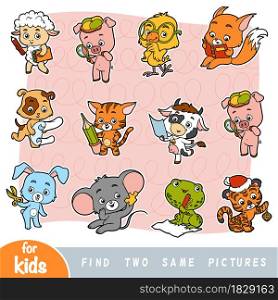 Find two the same pictures, education game for children. Colorful set of cartoon cute animals