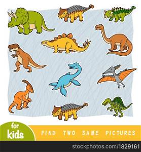 Find two the same pictures, education game for children. Colorful set of dinosaurs