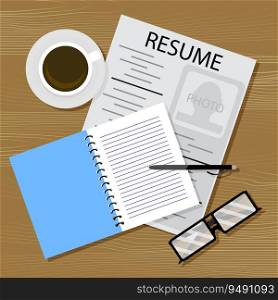 Find work, resume on table. Vector career, resume and hiring, cv applicant illustration. Find work, resume on table