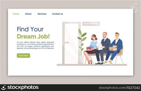 Find your dream job landing page vector template. Recruitment website interface idea with flat illustrations. HR agency homepage layout. Employment service web banner, webpage cartoon concept