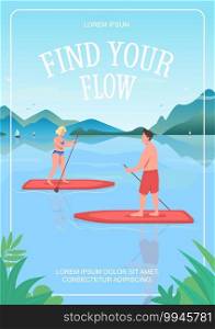 Find your flow poster flat vector template. Different summer activities during holidays. Brochure, booklet one page concept design with cartoon characters. Water sports equipment flyer, leaflet. Find your flow poster flat vector template
