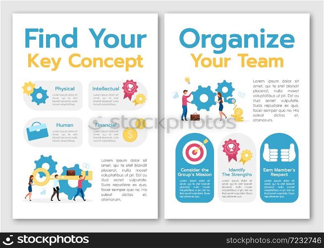 Find your key concept template. Organize your team. Flyer, booklet, leaflet concept with flat illustrations. Vector page cartoon layout for magazine. advertising invitation with text space. Find your key concept template