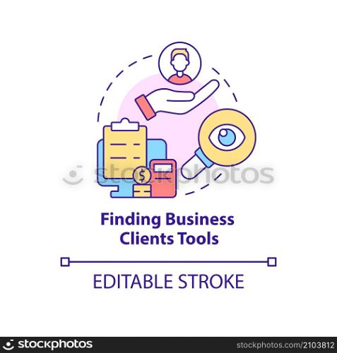 Finding business clients tools concept icon. Gaining and retaining consumers abstract idea thin line illustration. Isolated outline drawing. Editable stroke. Roboto-Medium, Myriad Pro-Bold fonts used. Finding business clients tools concept icon