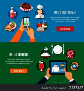 Finding choosing and booking restaurant online on mobile devices horizontal banners set flat isolated vector illustration. Restaurant Booking Banners