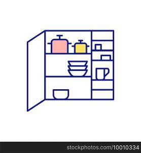 Finding free space in house RGB color icon. Wardrobe with dishes and pans. Cabinets and shelves in kitchen. Decluttering and tidying. Shortage of storage. Isolated vector illustration. Finding free space in house RGB color icon