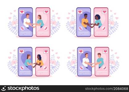 Finding ideal partner through dating app flat concept vector illustrations set. Romantic couples isolated 2D cartoon characters on white for web design. Deep affection creative idea collection. Finding ideal partner through dating app flat concept vector illustrations set