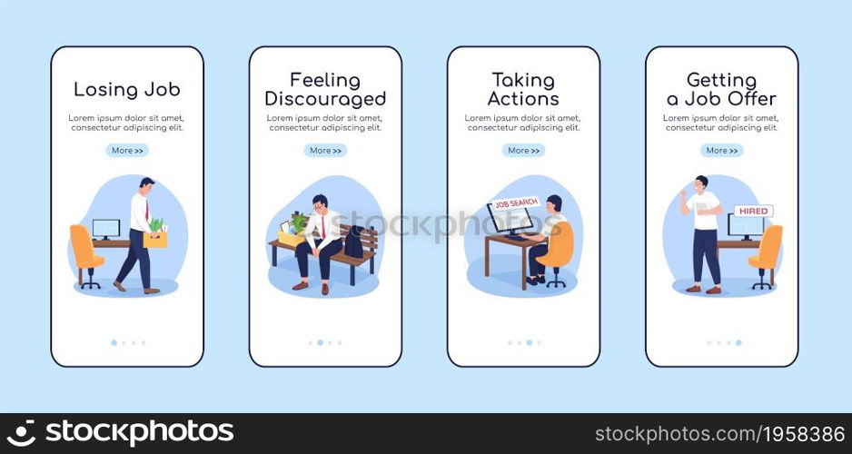 Finding job after unemployment onboarding mobile app screen flat vector template. Walkthrough website 4 steps with characters. Creative UX, UI, GUI smartphone cartoon interface, case prints set. Finding job after unemployment onboarding mobile app screen flat vector template