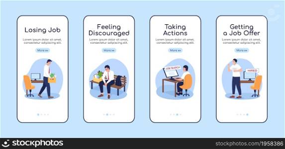 Finding job after unemployment onboarding mobile app screen flat vector template. Walkthrough website 4 steps with characters. Creative UX, UI, GUI smartphone cartoon interface, case prints set. Finding job after unemployment onboarding mobile app screen flat vector template