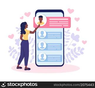 Finding love online flat concept vector illustration. Young woman scrolling through potential mates isolated 2D cartoon character on white for web design. Online dating service creative idea. Finding love online flat concept vector illustration