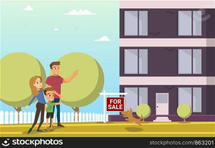 Finding New House for Family Living Flat Vector Concept with Happy Parents Walking with Child, Father Pointing on New Comfortable House on Sale Illustration. Buying Apartments. Home Loan for Family