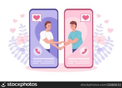 Finding relationship online flat concept vector illustration. Two guys being in love isolated 2D cartoon characters on white for web design. Meeting soulmate through dating app creative idea. Finding relationship online flat concept vector illustration