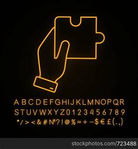 Finding solution neon light icon. Problem solving. Teamwork. Hand holding puzzle. Glowing sign with alphabet, numbers and symbols. Vector isolated illustration. Finding solution neon light icon
