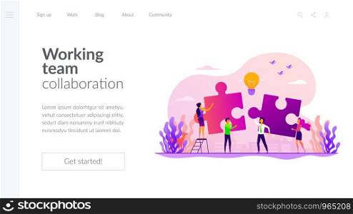 Finding solution, problem solving. Teamwork and partnership. Working team collaboration, enterprise cooperation, colleagues mutual assistance concept. Website homepage header landing web page template.. Collaboration landing page template