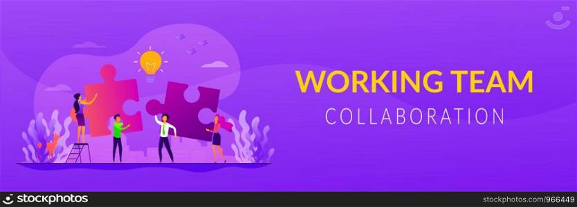 Finding solution, problem solving. Teamwork and partnership. Working team collaboration, enterprise cooperation, colleagues mutual assistance concept. Header or footer banner template with copy space.. Collaboration web banner concept