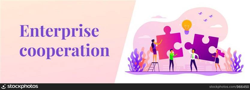 Finding solution, problem solving. Teamwork and partnership. Working team collaboration, enterprise cooperation, colleagues mutual assistance concept. Header or footer banner template with copy space.. Collaboration web banner concept