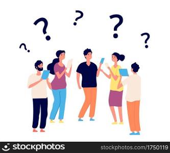 Finding solution. Thinking people, teamwork. Vector persons think with question marks. Question problem, solution idea, people riddle illustration. Finding solution. Thinking people, teamwork. Vector persons think with question marks