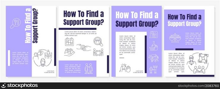 Finding support groups purple brochure template. Meeting. Booklet print design with linear icons. Vector layouts for presentation, annual reports, ads. Arial-Black, Myriad Pro-Regular fonts used. Finding support groups purple brochure template