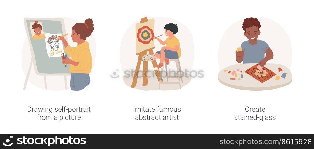 Fine arts lesson in elementary school isolated cartoon vector illustration set. Drawing self-portrait from a picture, imitate abstract artist, create stained-glass paper decoration vector cartoon.. Fine arts lesson in elementary school isolated cartoon vector illustration set.