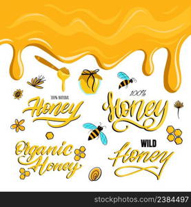 Fine lettering Honey for label. Product design natural honey. Vector illustration