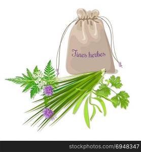 Fines herbes sachet. Fines herbes sachet mix. Swatch pouch with herbs. Design for cosmetics, restaurant, store, market, natural health care products. Can be used as logo design, price tag, label, web, textile, emblem
