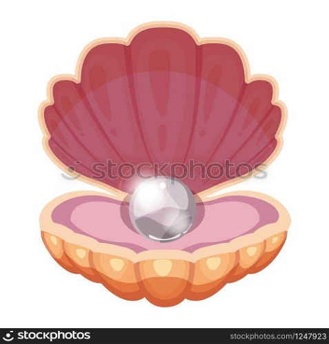 Finest quality beautiful natural open pearl shell. Beautiful ocean shell with a brilliant pearl. Jewelry. Cartoon style. Vector, illustration, template, isolated, white background.