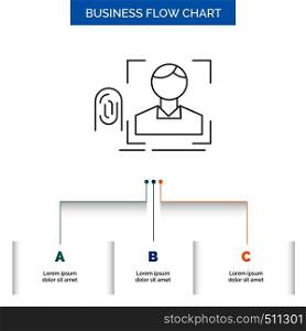 finger, fingerprint, recognition, scan, scanning Business Flow Chart Design with 3 Steps. Line Icon For Presentation Background Template Place for text. Vector EPS10 Abstract Template background