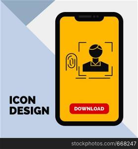 finger, fingerprint, recognition, scan, scanning Glyph Icon in Mobile for Download Page. Yellow Background. Vector EPS10 Abstract Template background
