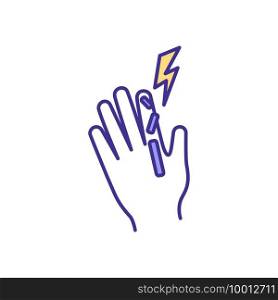 Finger fractures RGB color icon. Bones and tissues deformity, sprains. Hand injury. Breaking bone. Jammed finger. Swelling, tenderness. Treatment and recovery. Isolated vector illustration. Finger fractures RGB color icon