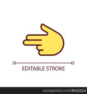 Finger gun pixel perfect RGB color icon. Children imagination. Hand gesture. Imitating handgun. Isolated vector illustration. Simple filled line drawing. Editable stroke. Arial font used. Finger gun pixel perfect RGB color icon