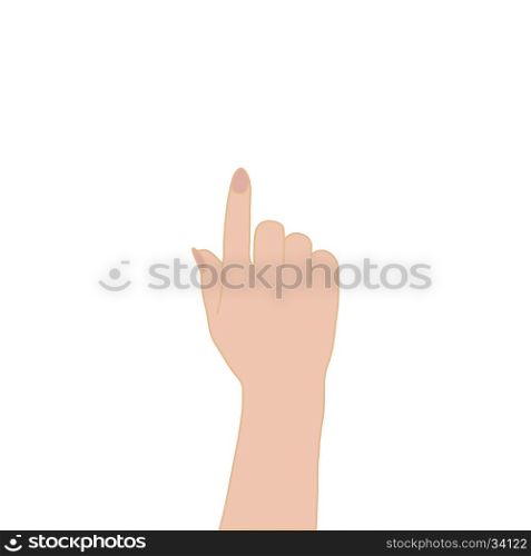 Finger pointing female hand vector illustration.. Female hand pointing a finger on a white background vector illustration.