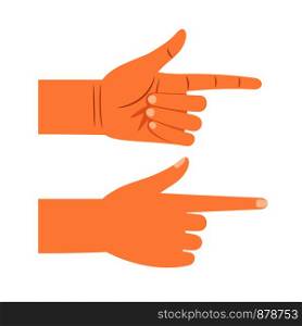 Finger pointing gesture vector illustration. Showing or choosing hand front and back view isolated on white background. Finger pointing gesture