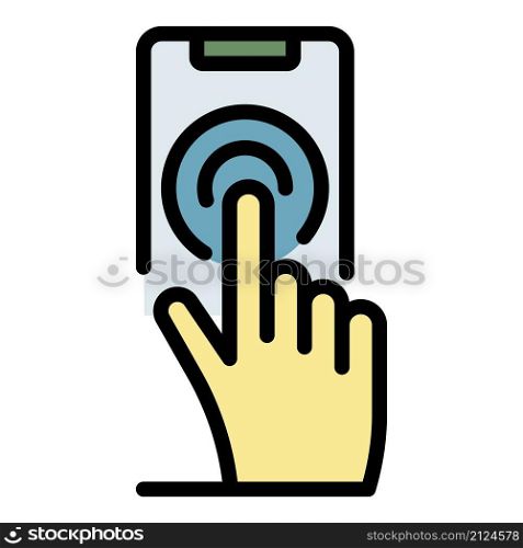 Finger presses smartphone icon. Outline finger presses smartphone vector icon color flat isolated. Finger presses smartphone icon color outline vector