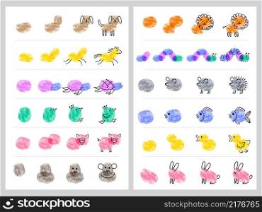 Finger prints art. Templates for kids paintings steps education for childrens pictures of insects recent vector funny games illustrations. Fingerprint and finger paint children. Finger prints art. Templates for kids paintings steps education for childrens pictures of insects recent vector funny games illustrations