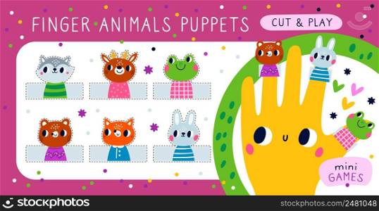 Finger puppets hands. Kids mini game. Little funny animal dolls worn on arm. Home theater. Creative abilities development. Handmade toy. Cute creatures heads and dotted lines to cut. Vector concept. Finger puppets hands. Kids mini game. Funny animal dolls worn on arm. Home theater. Creative abilities development. Handmade toy. Cute creatures heads and dotted lines. Vector concept