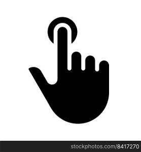 Finger touch black glyph icon. Touchscreen control gesture. Smartphone visual display. Computing device screen. Silhouette symbol on white space. Solid pictogram. Vector isolated illustration. Finger touch black glyph icon