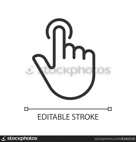 Finger touch pixel perfect linear icon. Touchscreen control gesture. Smartphone visual display. Thin line illustration. Contour symbol. Vector outline drawing. Editable stroke. Arial font used. Finger touch pixel perfect linear icon