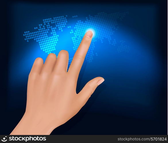Finger touching world map on a touch screen. Vector.