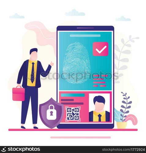 Fingerprint identification. Big mobile phone, businessman puts finger to screen. Smartphone application for security control. User profile with data. Flat vector illustration. Fingerprint identification. Big mobile phone, businessman puts finger to screen. Smartphone application for security control.