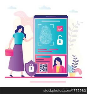 Fingerprint identification. Big mobile phone, businesswoman puts finger to screen. Smartphone application for security control. User profile with data. Flat vector illustration. Fingerprint identification. Big mobile phone, businesswoman puts finger to screen. Smartphone application for security control
