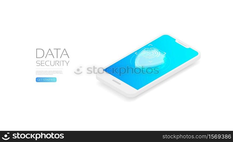 Fingerprint identity sensor, unlock smartphone, isometric illustration