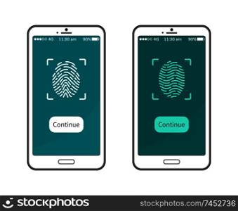 Fingerprint on smartphone display, personal identity password to continue work with gadget vector isolated. Mobile phone and touch screen sign, identification. Fingerprint Smartphone Display, Personal Identity