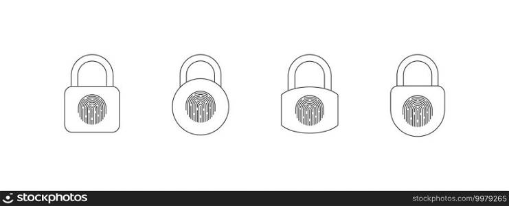 Fingerprint padlock icons set. Fingerprint lock or unlock. Locked and unlocked modes. Linear icons. Vector illustration