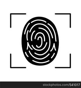 Fingerprint scanning glyph icon. Touch id. Silhouette symbol. Biometric identification. Fingerprint recognition. Negative space. Vector isolated illustration. Fingerprint scanning glyph icon