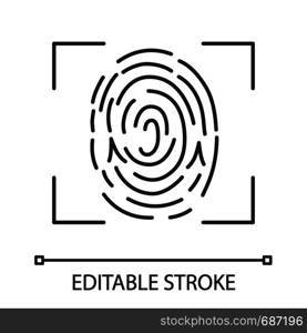 Fingerprint scanning linear icon. Touch id. Thin line illustration. Biometric identification. Fingerprint recognition. Contour symbol. Vector isolated outline drawing. Editable stroke. Fingerprint scanning linear icon