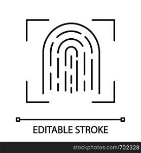 Fingerprint scanning linear icon. Touch id. Thin line illustration. Biometric identification. Fingerprint recognition. Cryptographic signature. Vector isolated outline drawing. Editable stroke. Fingerprint scanning linear icon